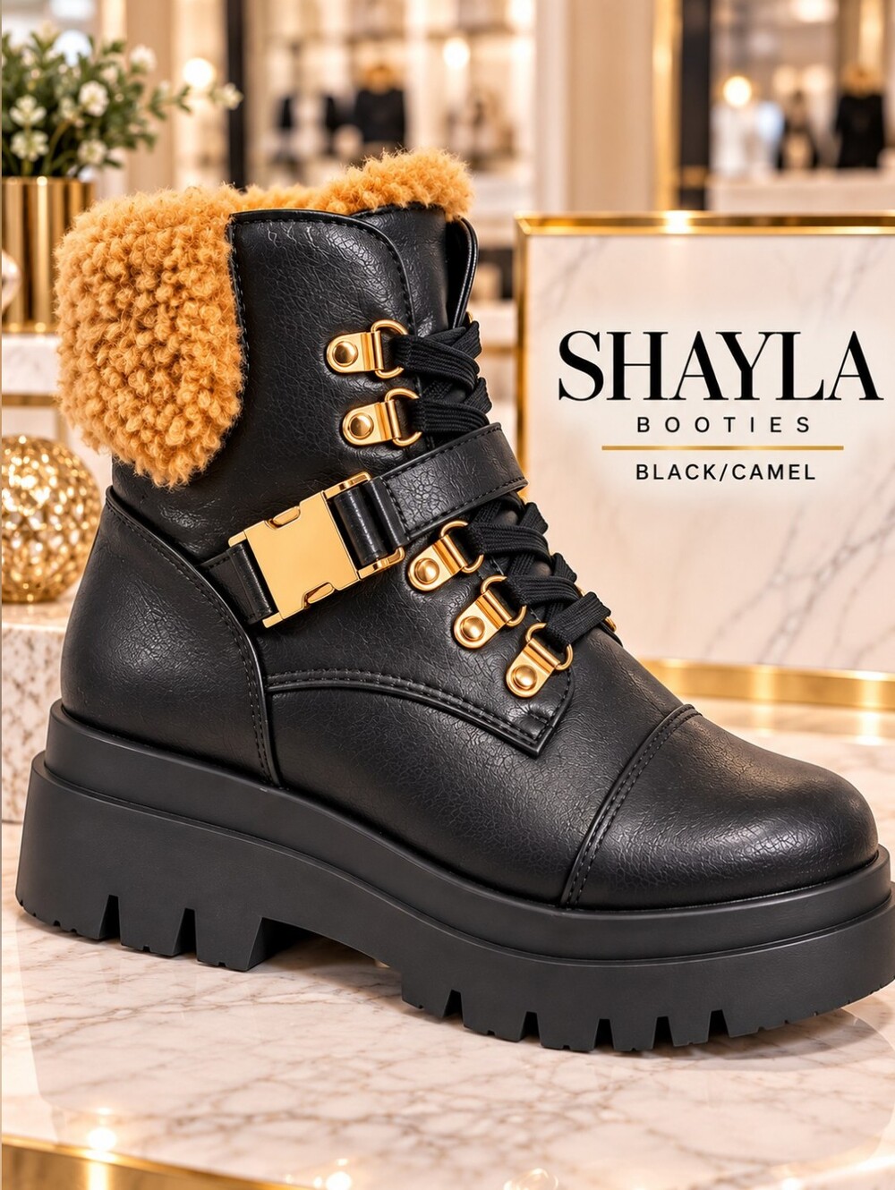 ShoeDazzle Shayla Black Camel Sherpa Lug Combat Boots – Women’s 6.5 NIB